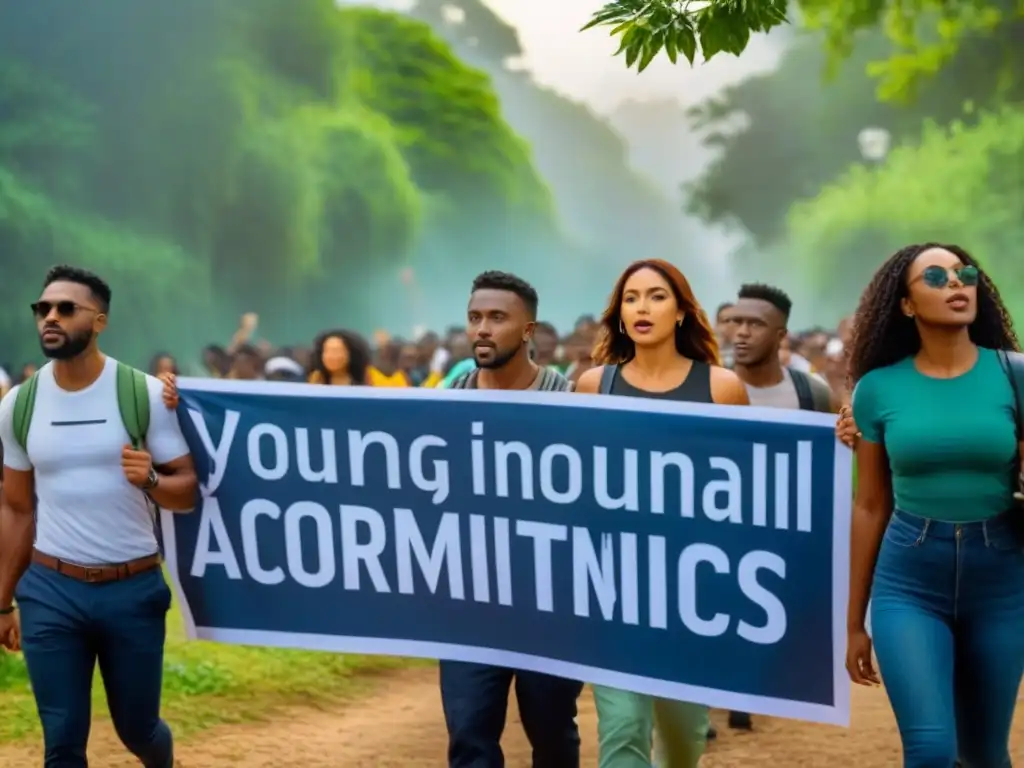 Jóvenes activistas en protesta pacífica rodeados de naturaleza exuberante, impulsando campañas medioambientales y cambio políticas