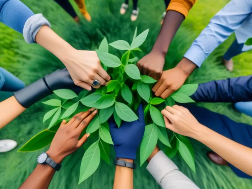 Jóvenes activistas unidos en círculo, rodeados de energías renovables, luchando por campañas medioambientales y cambio políticas