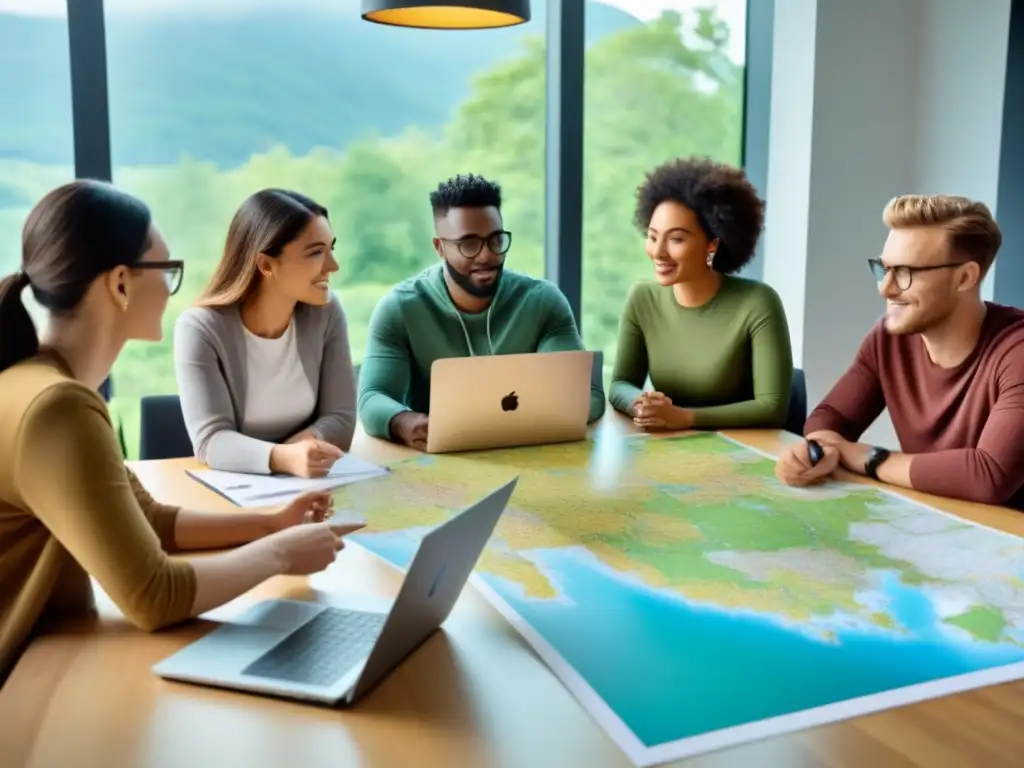 Jóvenes apasionados en proyectos sostenibles discuten ideas en un espacio ecoamigable