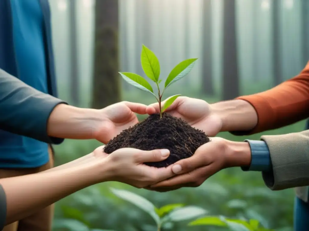 Jóvenes sosteniendo árboles en círculo, simbolizando concienciación ambiental y unión en un bosque verde