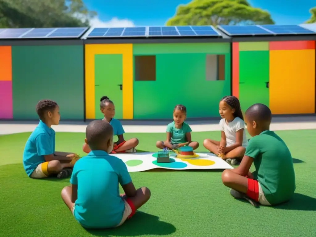 Jóvenes crean arte ecoamigable en escuela sostenible con instalaciones recicladas, hojas y ramas