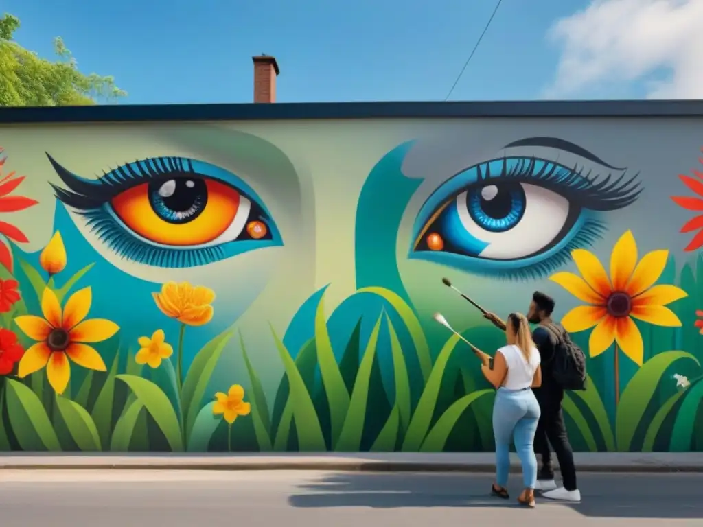 Jóvenes artistas del arte callejero crean murales con conciencia ambiental rodeados de naturaleza vibrante