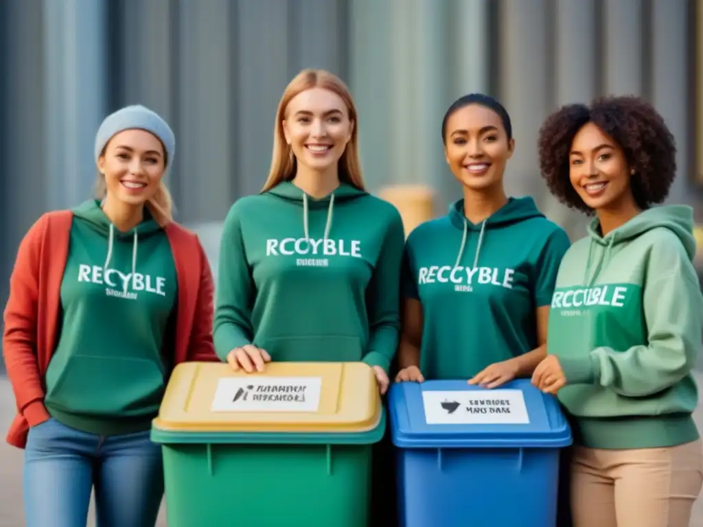 Jóvenes comprometidos en programas ambientales zero waste, clasificando residuos con entusiasmo en medio de contenedores de reciclaje