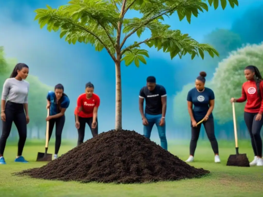 Jóvenes diversxs plantando árboles juntxs en un parque verde, simbolizando resiliencia climática y movimientos juveniles