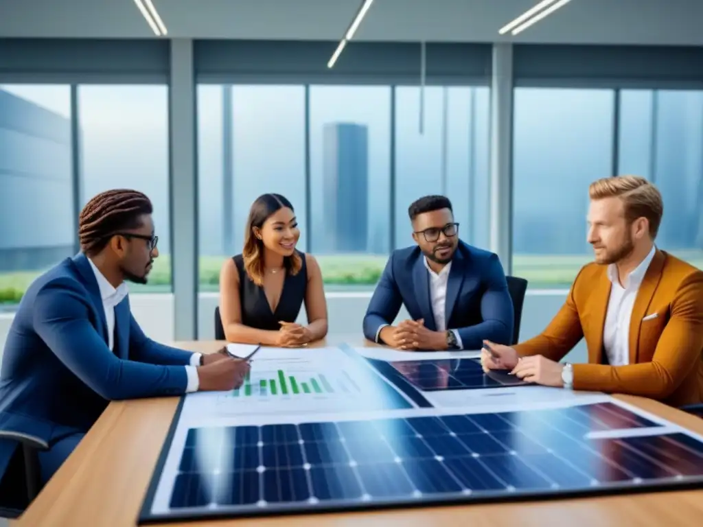 Jóvenes emprendedores discuten oportunidades de Inversión en startups de energías renovables en oficina moderna