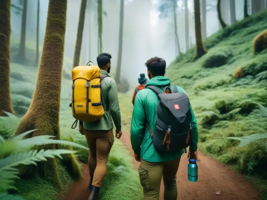 Jóvenes explorando el mundo en turismo sostenible por un bosque verde