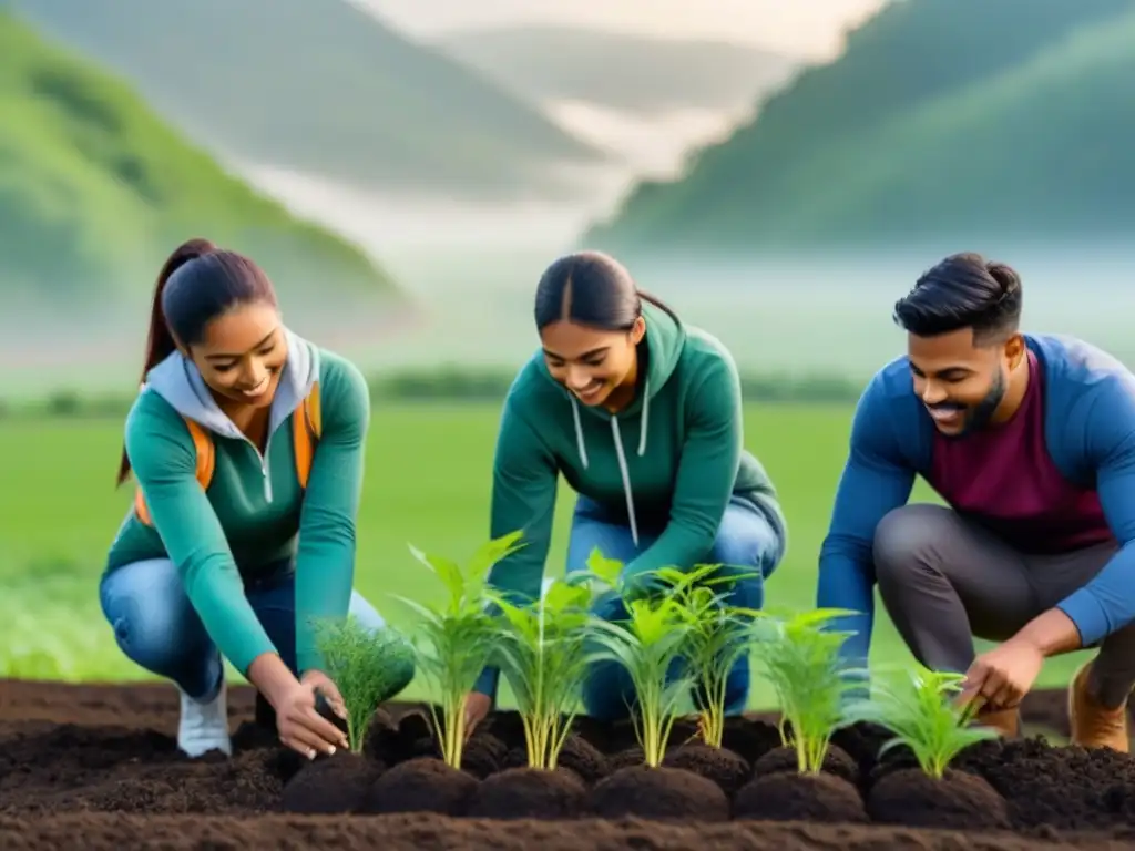 Jóvenes colaborando en proyectos sostenibles, plantando árboles y reciclando en armonía con la naturaleza