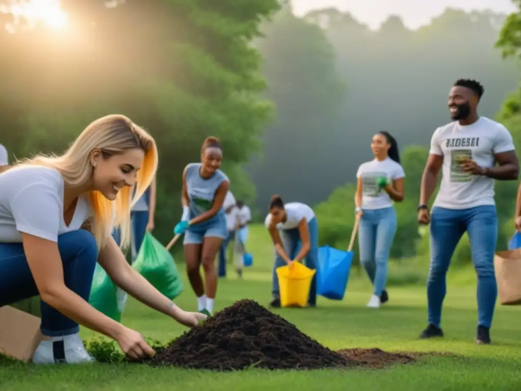 Jóvenes unidos en limpieza comunitaria, plantando árboles y reciclando juntos, fomentando la mentalidad zero waste en nuevas generaciones