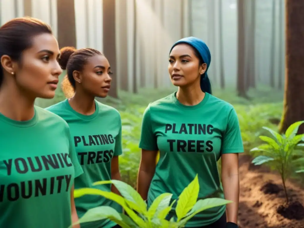 Jóvenes voluntarios plantando árboles en un bosque, unidos para combatir el cambio climático