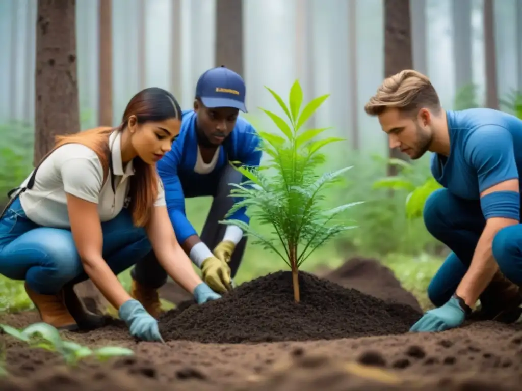 Jóvenes voluntarios plantando árboles en un bosque verde, demostrando oportunidades voluntariado juvenil cambio climático