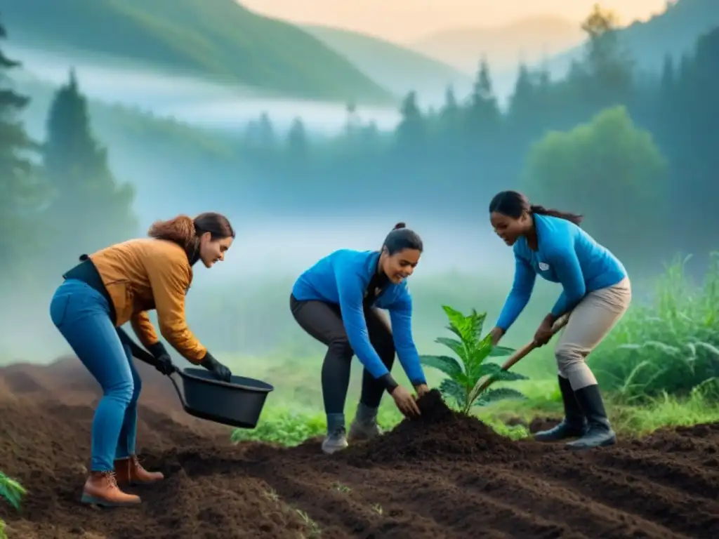 Jóvenes voluntarios plantan árboles en bosque verde, unidos contra cambio climático