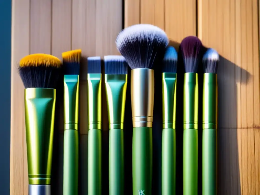 Set de brochas de maquillaje de bambú: eco-lujo sostenible Juego de brochas de maquillaje de bambú en superficie de madera clara, accesorios belleza sostenible zero waste
