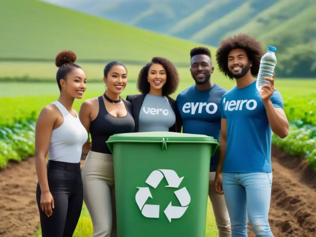 Juventud sostenible y zero waste: Jóvenes activistas del mundo unidos frente a un gran símbolo de reciclaje, rodeados de naturaleza