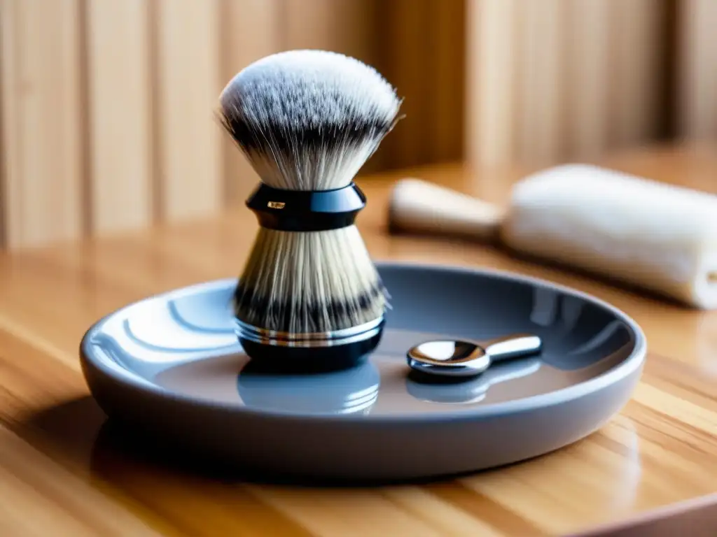 Kit afeitado zero waste casero: elegante navaja de afeitar cromada sobre encimera de bambú con brocha y jabón artesanal