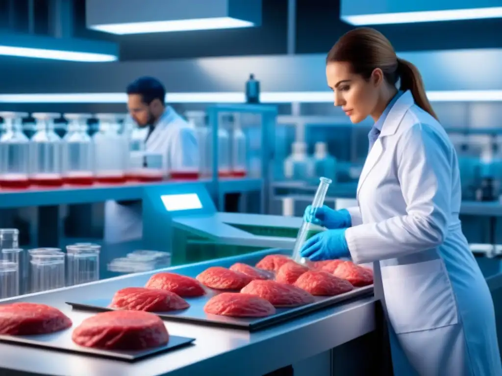 Un laboratorio de alta tecnología donde científicos cultivan carne en platos de Petri, con equipos futuristas y un diseño minimalista