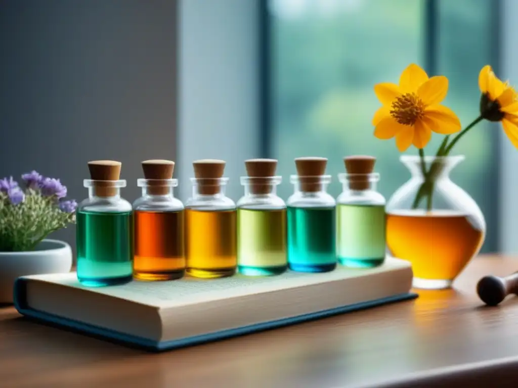 Un laboratorio casero para crear perfumes naturales, con esencias, flores frescas, un mortero y un libro vintage sobre técnicas de perfumería