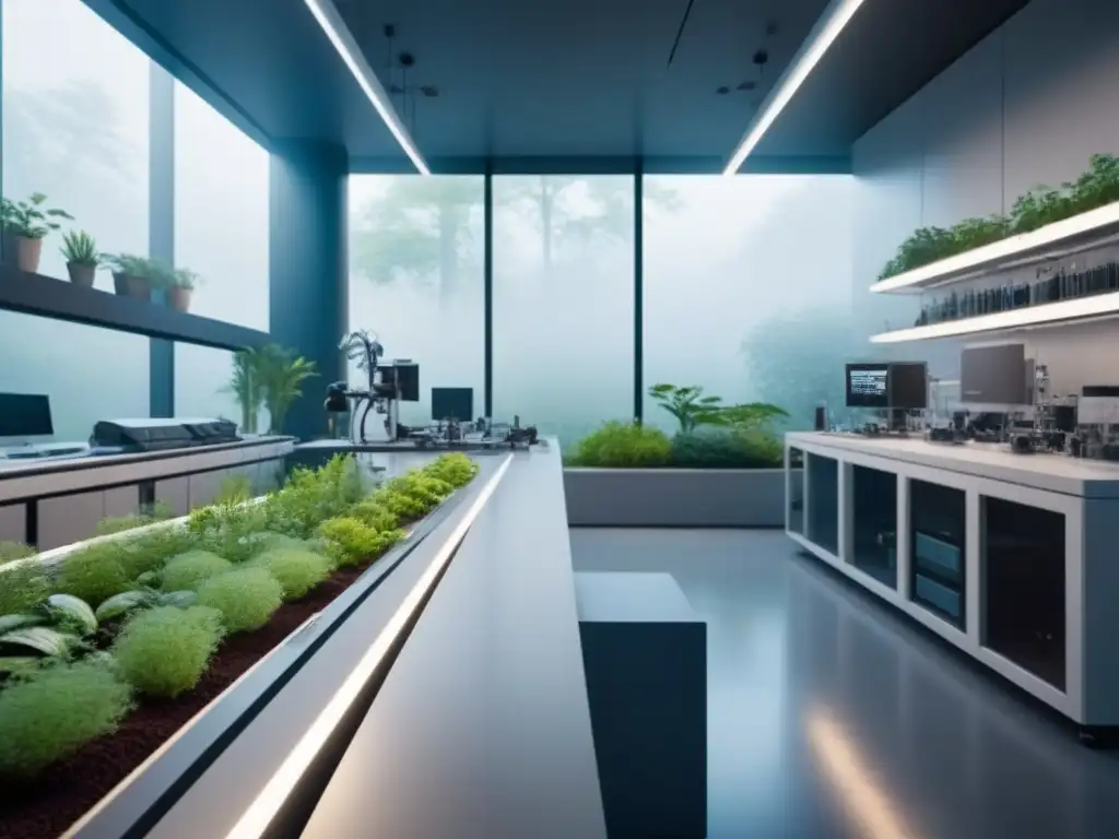 Un laboratorio futurista sereno con equipamiento de vanguardia y vegetación integrada en el diseño