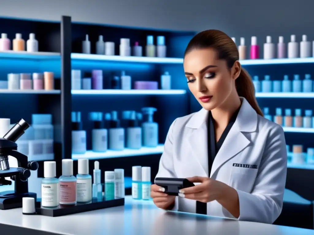 Análisis preciso de productos cosméticos en laboratorio Un laboratorio moderno y ordenado, donde un científico examina cuidadosamente un producto cosmético bajo el microscopio, resaltando la importancia de la regulación y educación en la seguridad de los riesgos químicos del maquillaje para la salud