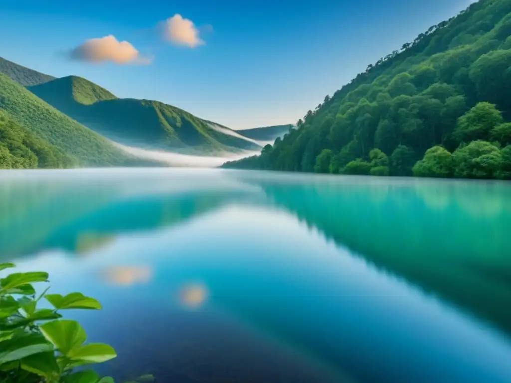 Un lago cristalino reflejando un cielo azul, rodeado de bosques verdes