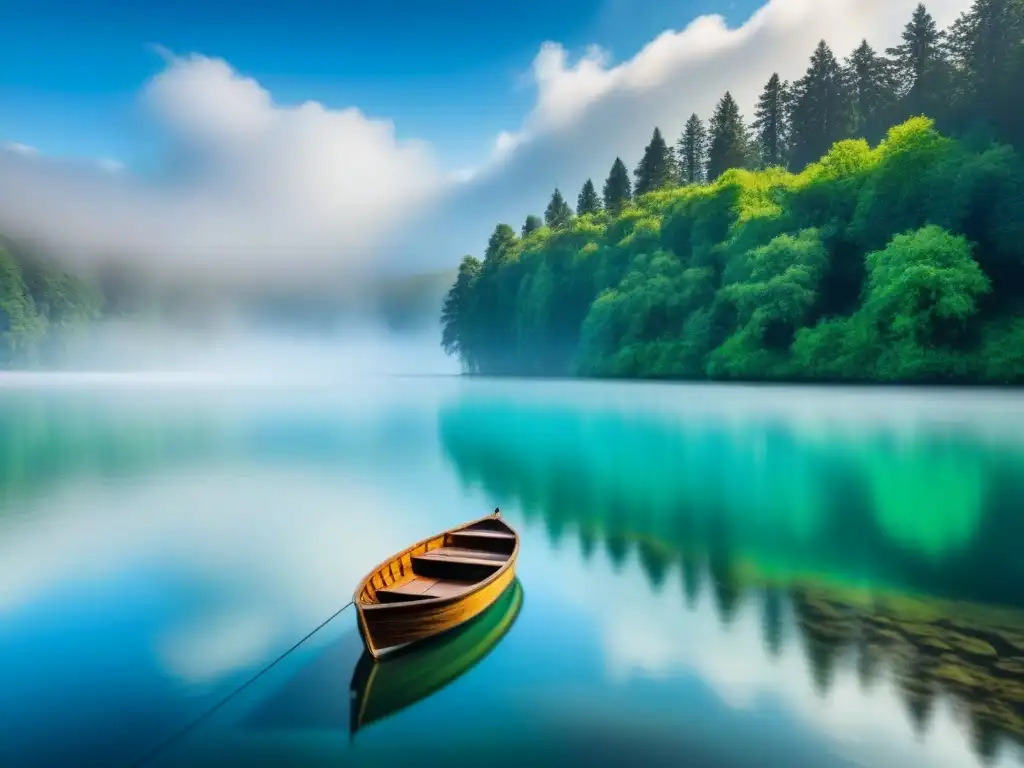 Un lago cristalino reflejando un cielo azul, rodeado de árboles verdes y una barca en calma