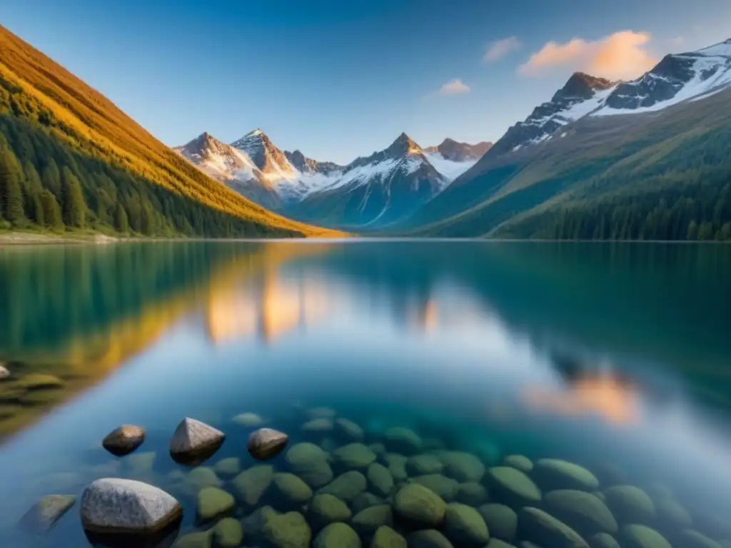 Lago de montaña cristalino reflejando picos nevados, agua pura con peces