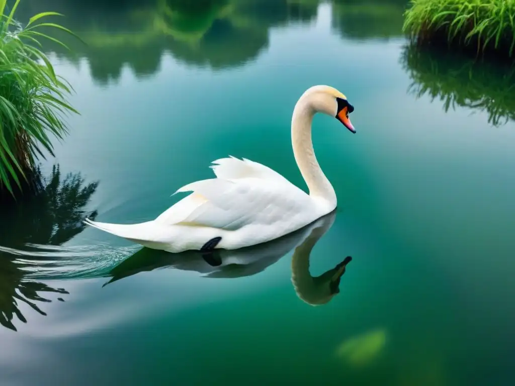 Un lago cristalino rodeado de vegetación, con un cisne blanco deslizándose grácilmente sobre el agua