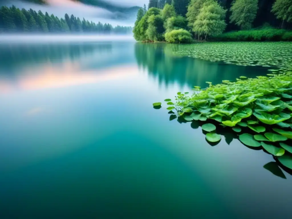 Un lago cristalino rodeado de vegetación exuberante, con una hoja flotando en el agua