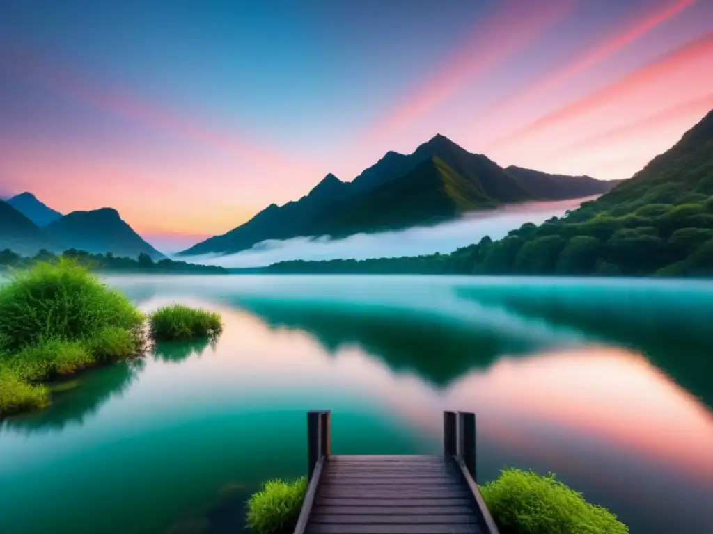 Un lago cristalino rodeado de exuberante vegetación refleja los colores del atardecer