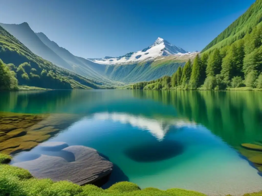 Un lago de montaña cristalino rodeado de naturaleza exuberante y picos nevados, evocando tranquilidad y concienciación sobre el agua sostenible