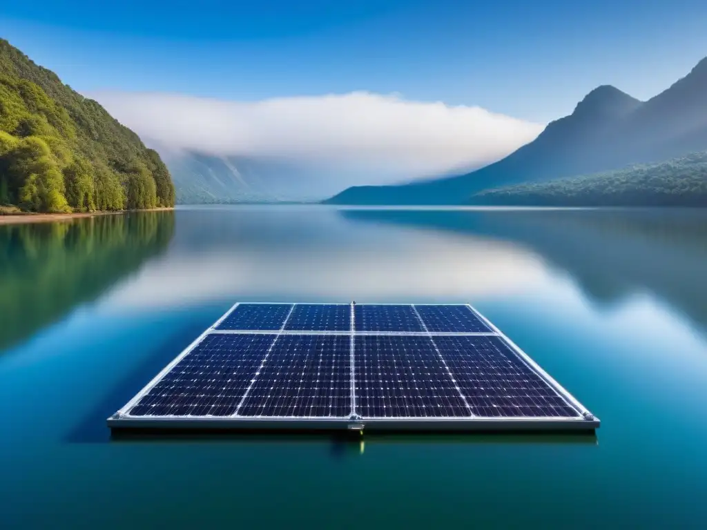 Un lago sereno reflejando el cielo azul, con un panel solar flotante, muestra la innovación de los paneles solares flotantes sostenibles