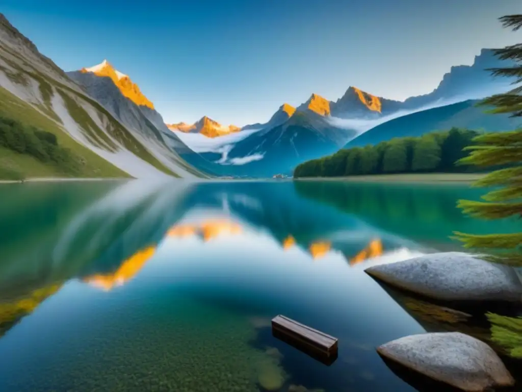 Un lago de montaña sereno en los Alpes, reflejando picos nevados, rodeado de pinos y cielo azul