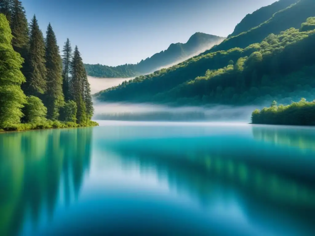 Un lago sereno rodeado de bosques verdes, con brillo metálico en el agua, reflejando un cielo azul en contraste