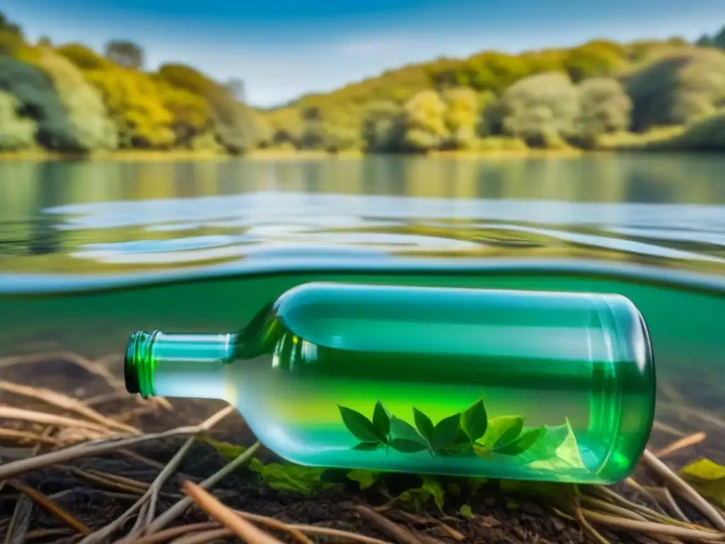 Un lago sereno rodeado de bosques verdes, con una botella de plástico flotando en el agua