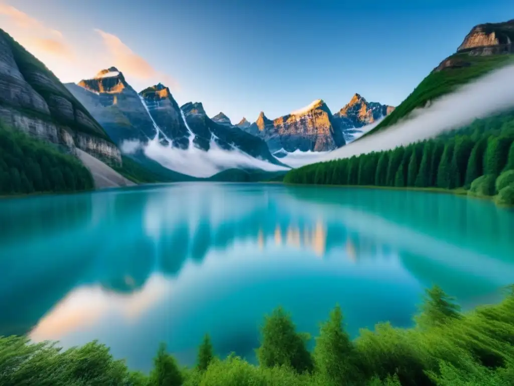 Un lago sereno rodeado de exuberantes bosques verdes, reflejando el cielo azul