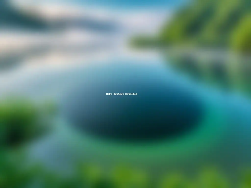 Un lago tranquilo rodeado de vegetación, reflejando el cielo y el sol, con una gota cayendo al agua