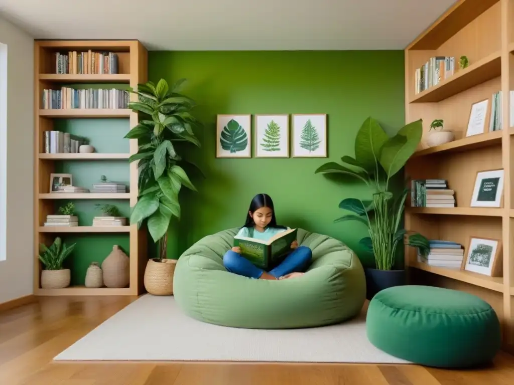 Un rincón de lectura acogedor con libros verdes para niños sostenibles en una habitación llena de plantas verdes