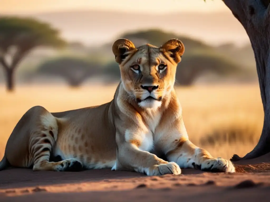 Una leona majestuosa descansa bajo la sombra de un árbol en la sabana africana al atardecer, destacando la belleza de la naturaleza