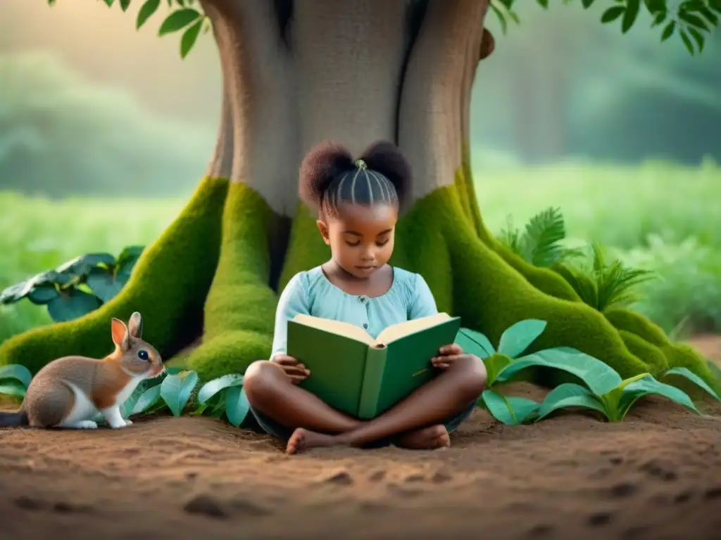 Niño leyendo un libro verde en la naturaleza: conexión con libros verdes para niños sostenibles