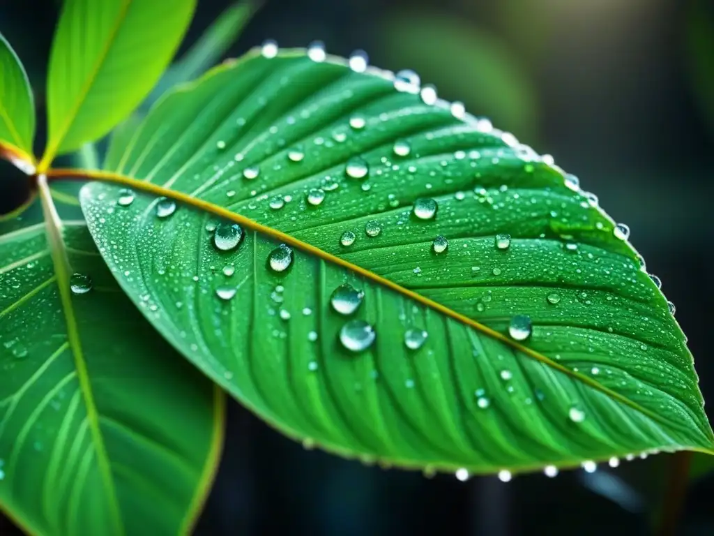 Un lienzo natural de una hoja verde cubierta de gotas de agua, reflejando la luz del sol en un patrón hipnotizante