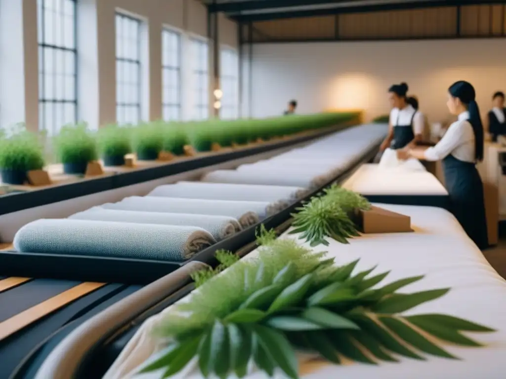 Producción sostenible de moda: taller circular de prendas eco-friendly Una línea de producción de moda sostenible en un taller de economía circular con telas ecofriendly y artesanos diversos