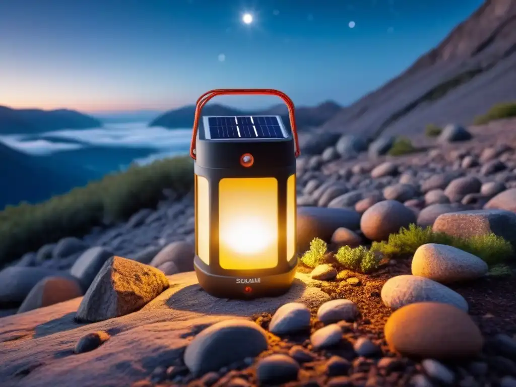 Una linterna solar sostenible ilumina una noche de camping, destacando la ecoamigabilidad de los productos solares portátiles sostenibles