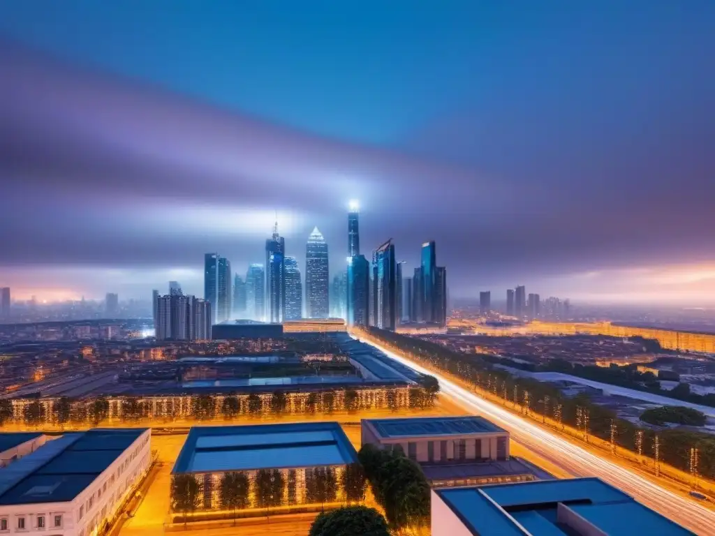 Luces LED iluminan rascacielos al anochecer, reflejando eficiencia y reducción de huella carbono en ciudades