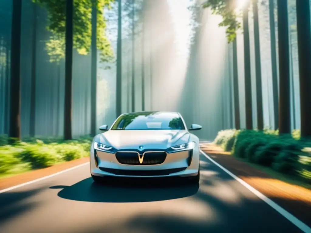 Un lujoso auto eléctrico recorre un bosque verde, reflejando el sol entre los árboles