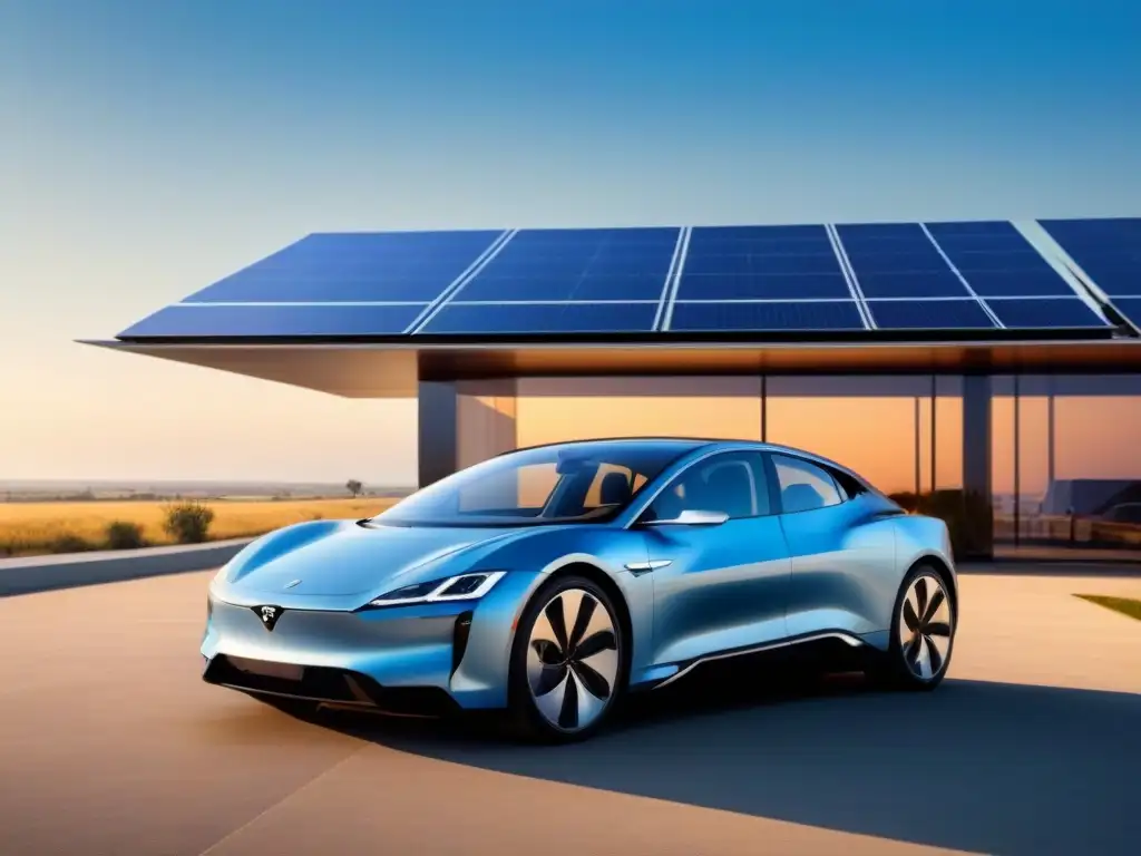 Un lujoso coche eléctrico de alta gama frente a paneles solares modernos, bajo un cielo azul limpio