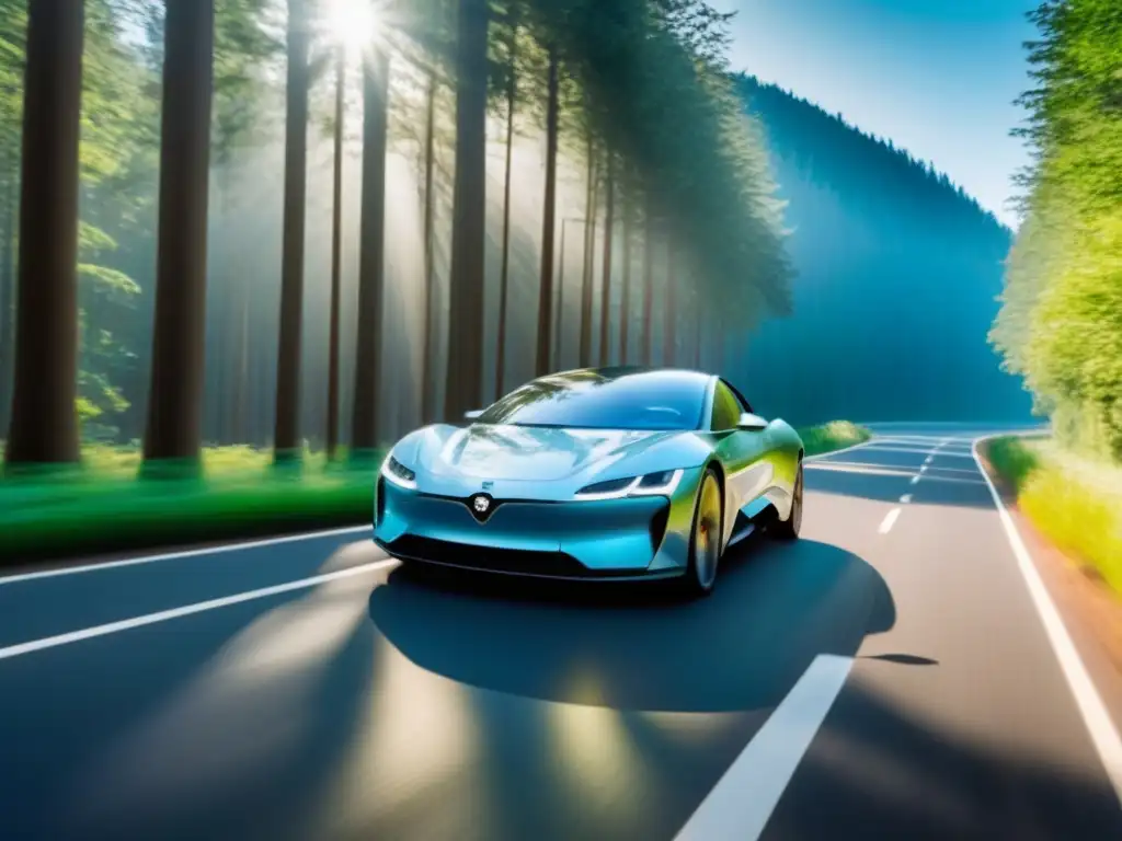 Un lujoso coche eléctrico de alta gama recorre una carretera rodeada de bosques verdes bajo un cielo azul, transmitiendo innovación y autonomía