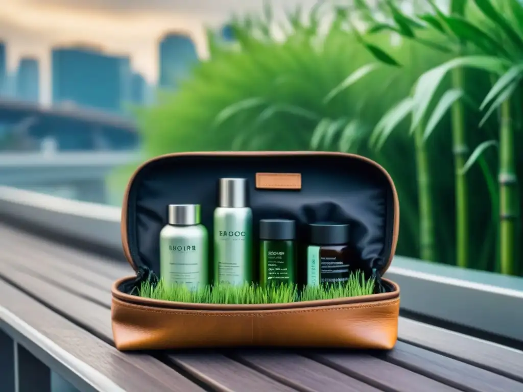 Un lujoso kit de viaje ecológico para el turismo urbano sostenible, con estuche de bambú, botellas de vidrio recargables, portapasaportes de cuero reciclado y pajita metálica reutilizable, en una ciudad verde futurista