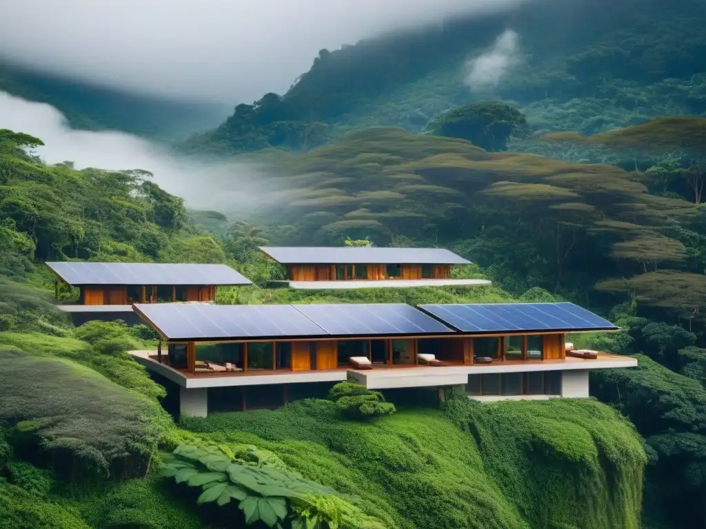 Un lujoso resort ecológico en el bosque, arquitectura sostenible y huéspedes disfrutando de actividades de educación ambiental turismo lujo