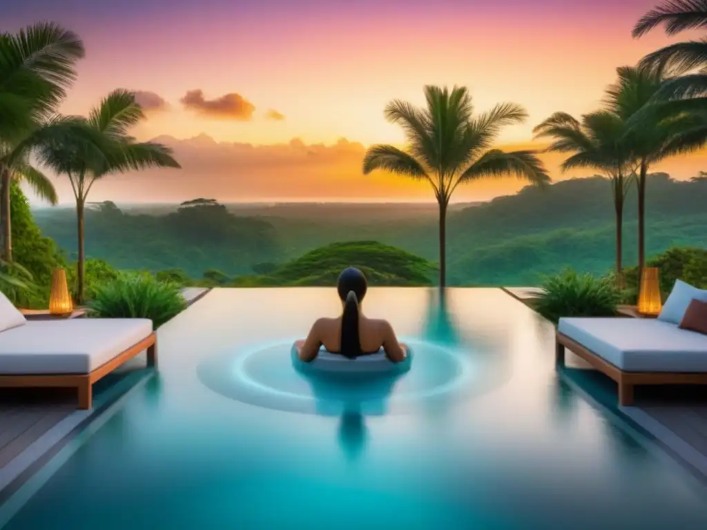 Un lujoso resort ecológico en medio de exuberante vegetación tropical, con piscina infinita reflejando colores de un atardecer, elementos sostenibles