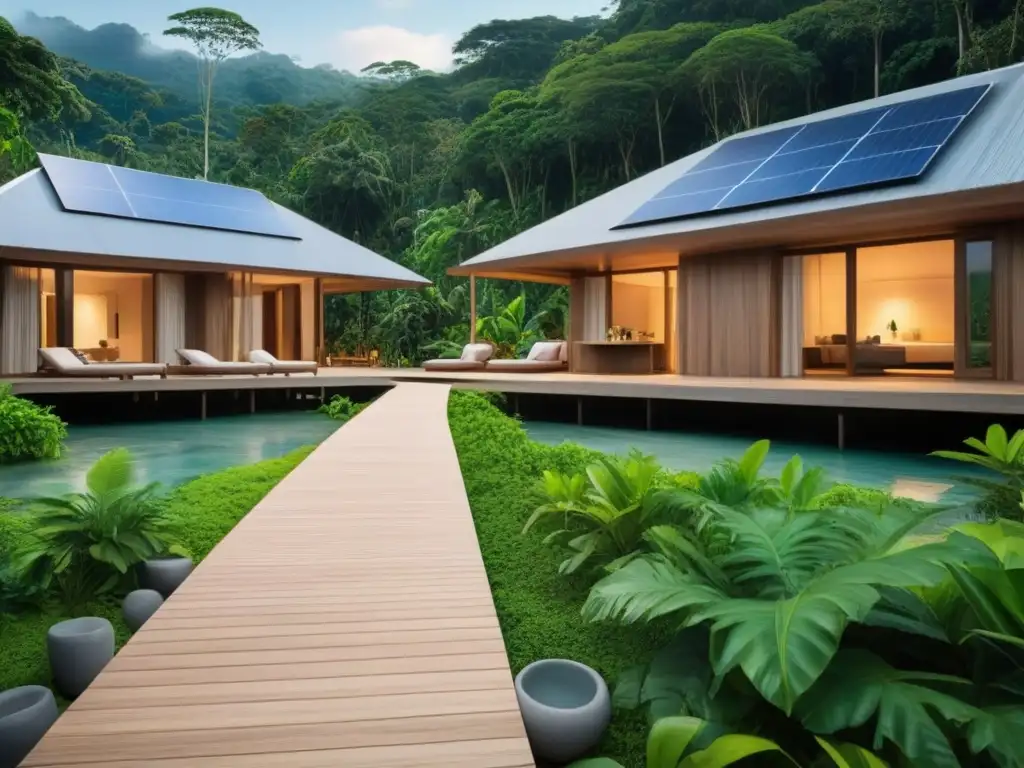 Un lujoso resort ecológico en la selva tropical, fusionando arquitectura minimalista con la naturaleza