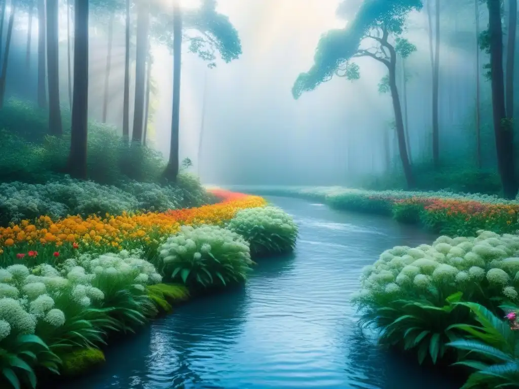 Bosque prístino con luz solar entre altos árboles, plantas verdes y flores coloridas